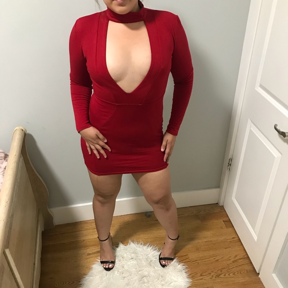 Red deep v-neck dress